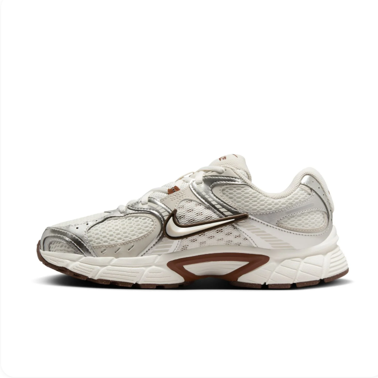 Nike White and Metallic Silver Sneakers with Brown Accents