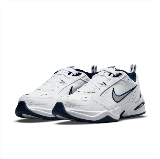 Nike Air Monarch IV White & Navy Sneakers | Layered Upper & Chunky Sole