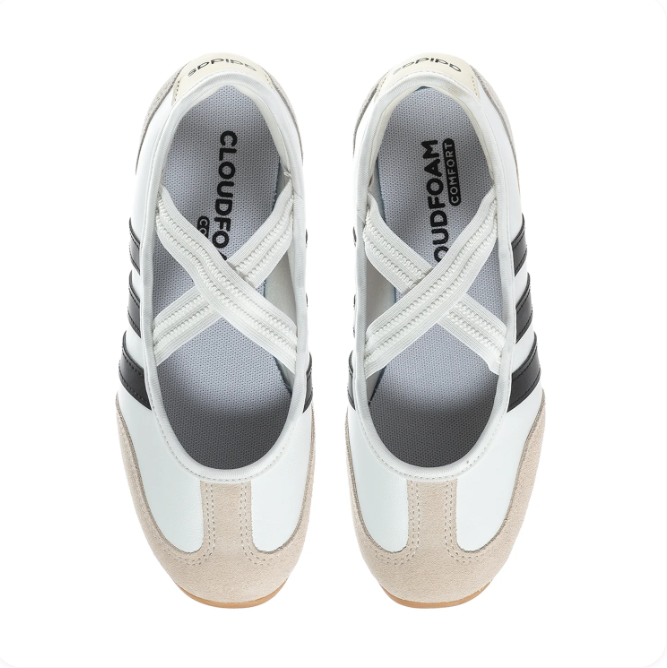 adidas White & Black Ballet-Style Sneakers | Cross Straps & Gum-Colored Sole