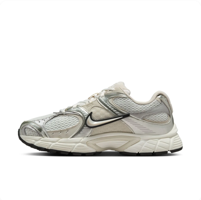 Nike Silver & Cream Low-Top Sneakers | Mesh Panels & Black-Outlined Swoosh